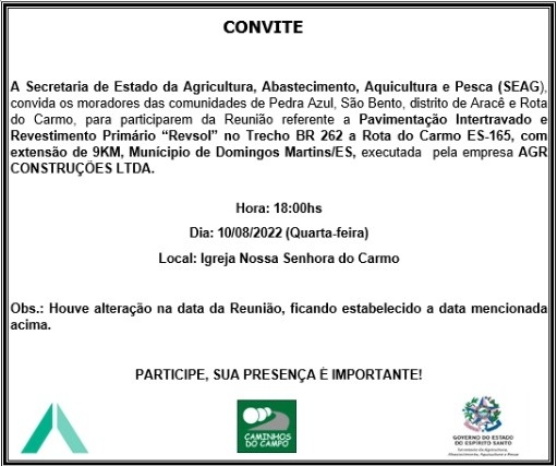 Atenção, moradores de Pedra Azul, São Bento, Aracê e Rota do Carmo! SEAG convida para reunião