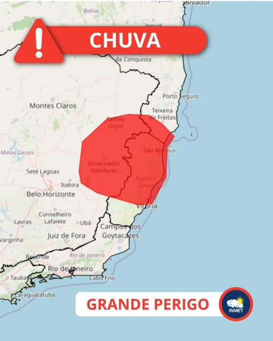 INMET Emite alerta VERMELHO de Grande Perigo para Chuvas intensas no ES